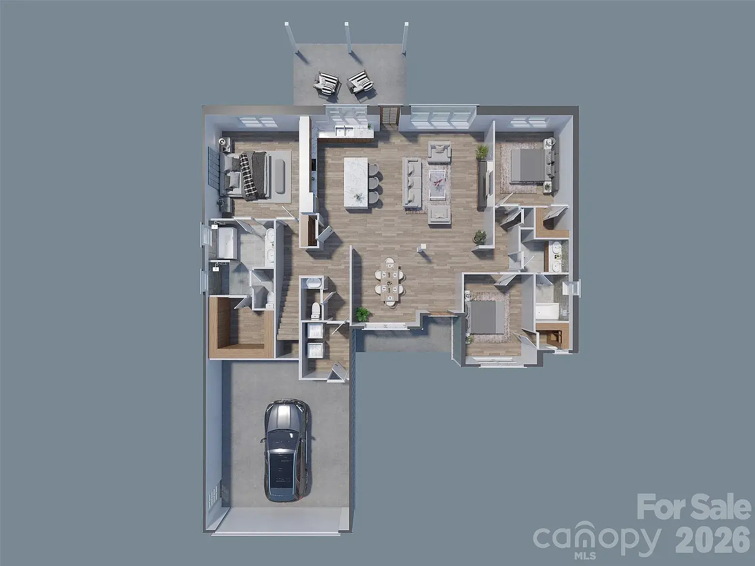 3D floor plan rendering of a Carolina Ranch home featuring three bedrooms, two and a half bathrooms, open-concept living area, covered rear porch, and attached garage.