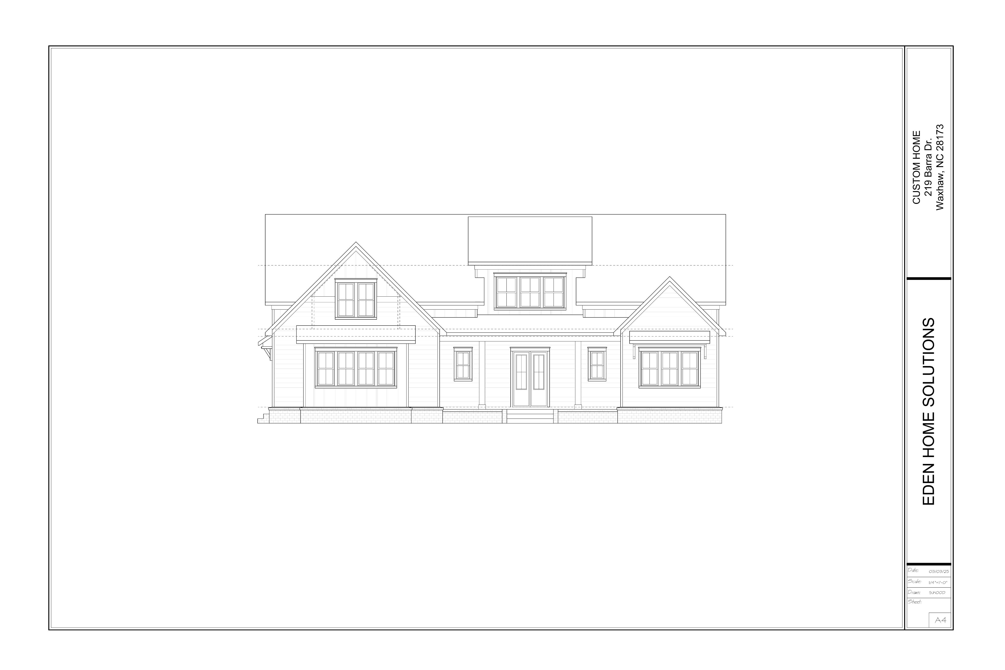 Architectural front elevation drawing of a gabled modern farmhouse with central dormer, covered entry, and brick foundation line.