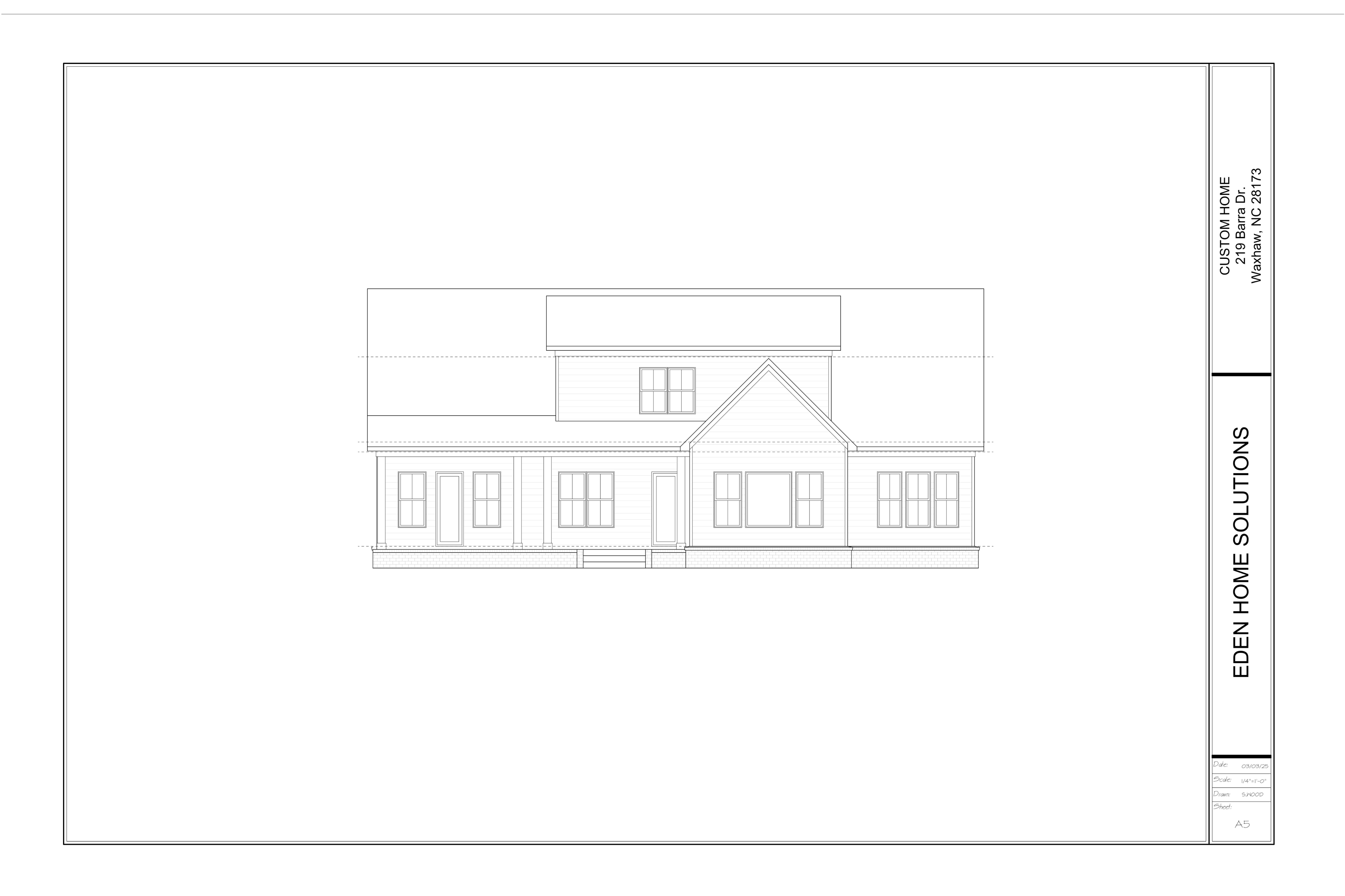 Architectural rear elevation drawing highlighting the long rear porch, gable bump‑out, and grouped windows.