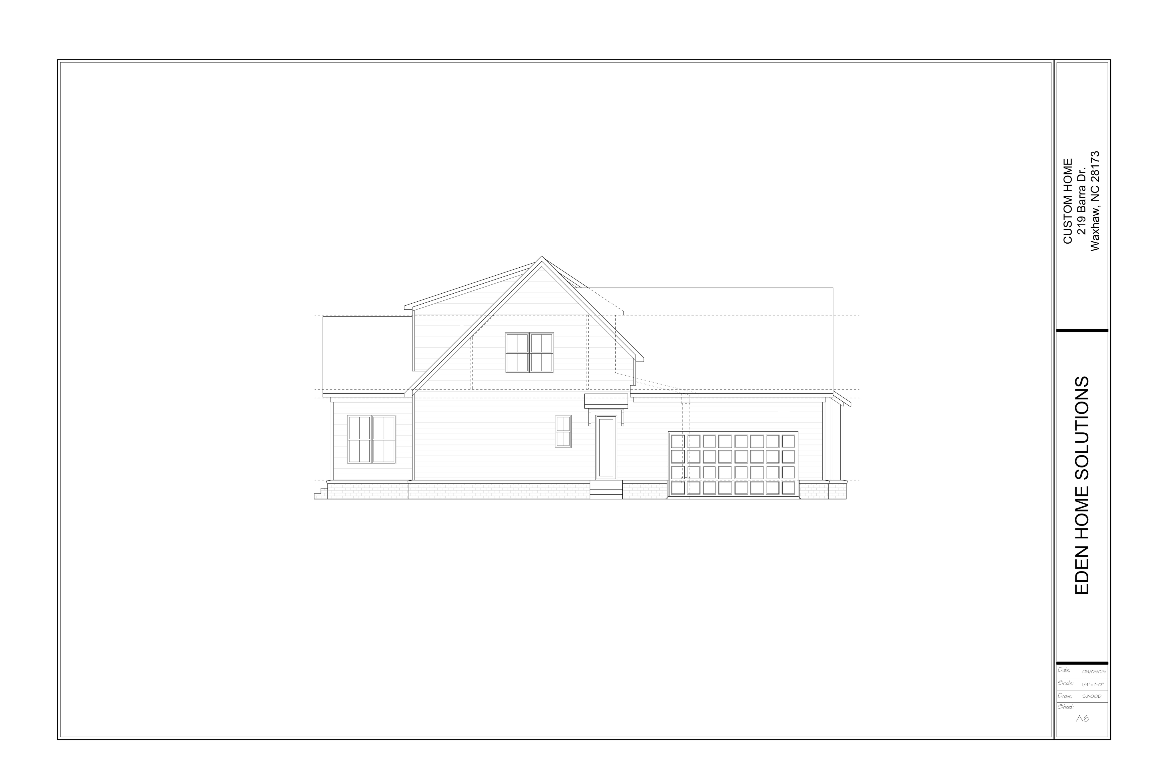 Right‑side elevation drawing showing the side‑entry two‑car garage, secondary entry, and intersecting gable rooflines.