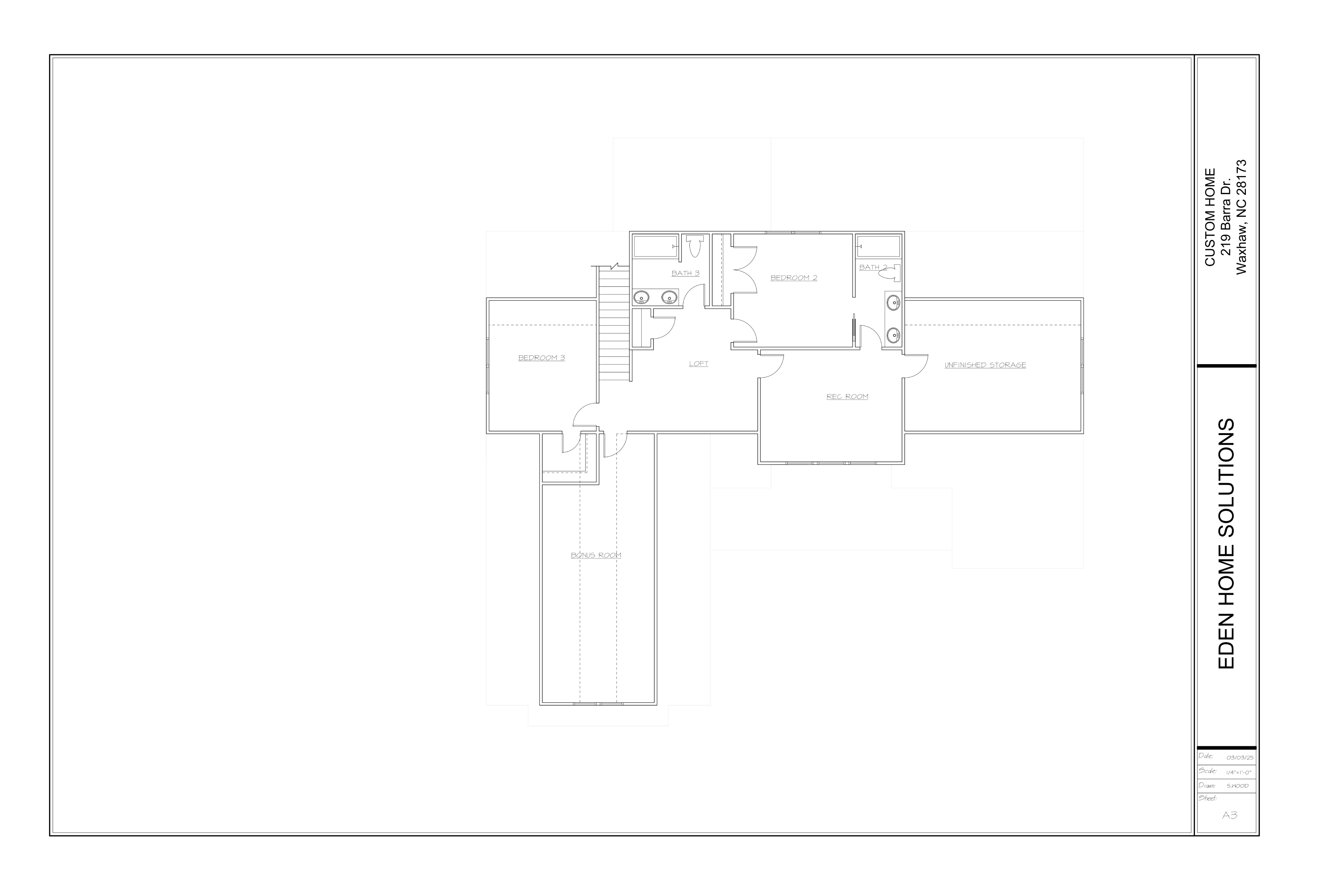 Upper level floor plan showing loft and rec room flanked by bedrooms 2 and 3 with two baths, unfinished storage, and a long bonus room.