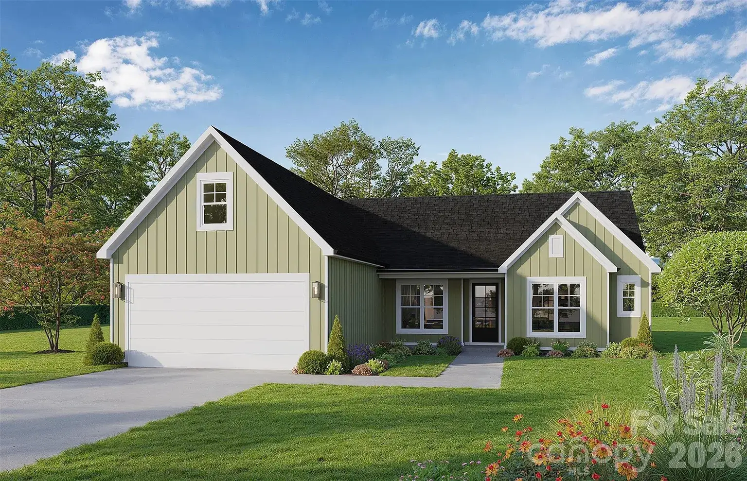 Architectural rendering of a Carolina Ranch-style home with sage green board and batten siding, attached two-car garage, landscaped front yard, and covered front porch.