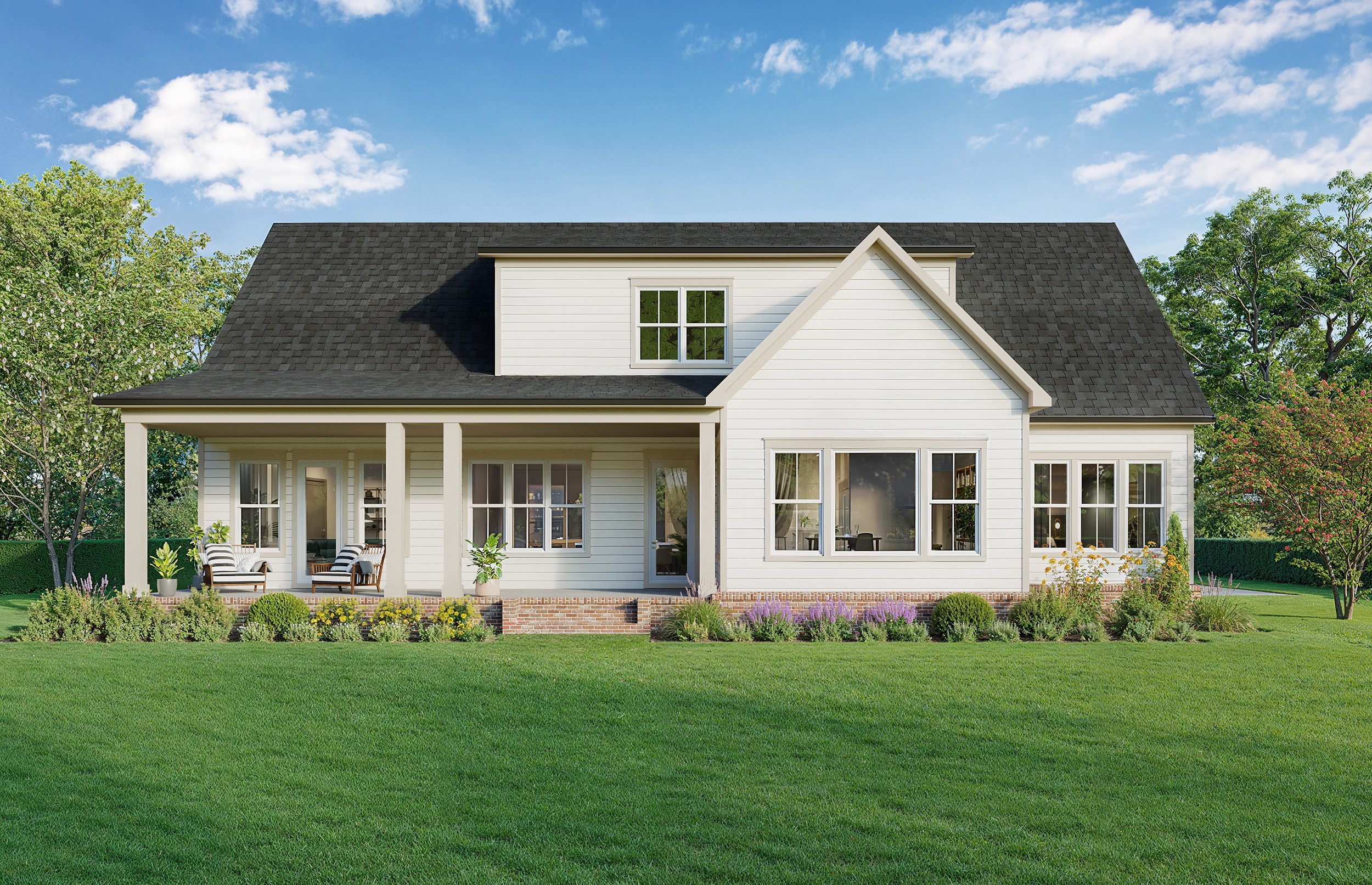 Rear exterior rendering of a modern farmhouse with white lap siding, black shingle roof, covered back porch, large windows, and landscaped lawn.