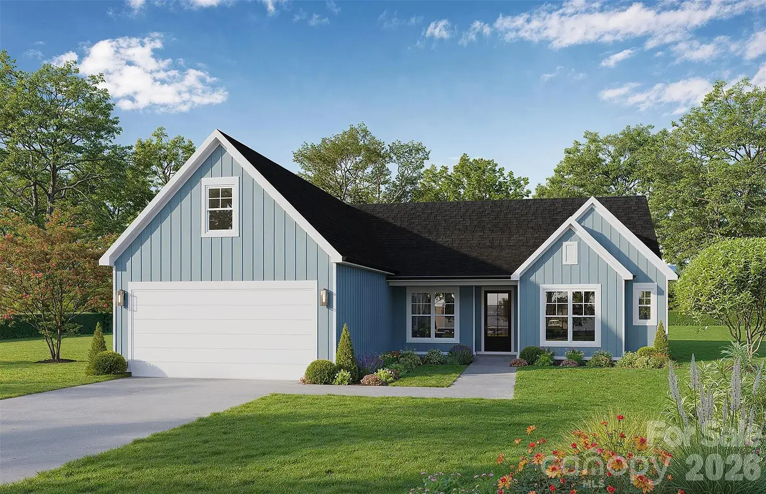 Architectural rendering of a Carolina Ranch-style home featuring blue board and batten siding, a two-car garage, landscaped front yard, and covered front entry.
