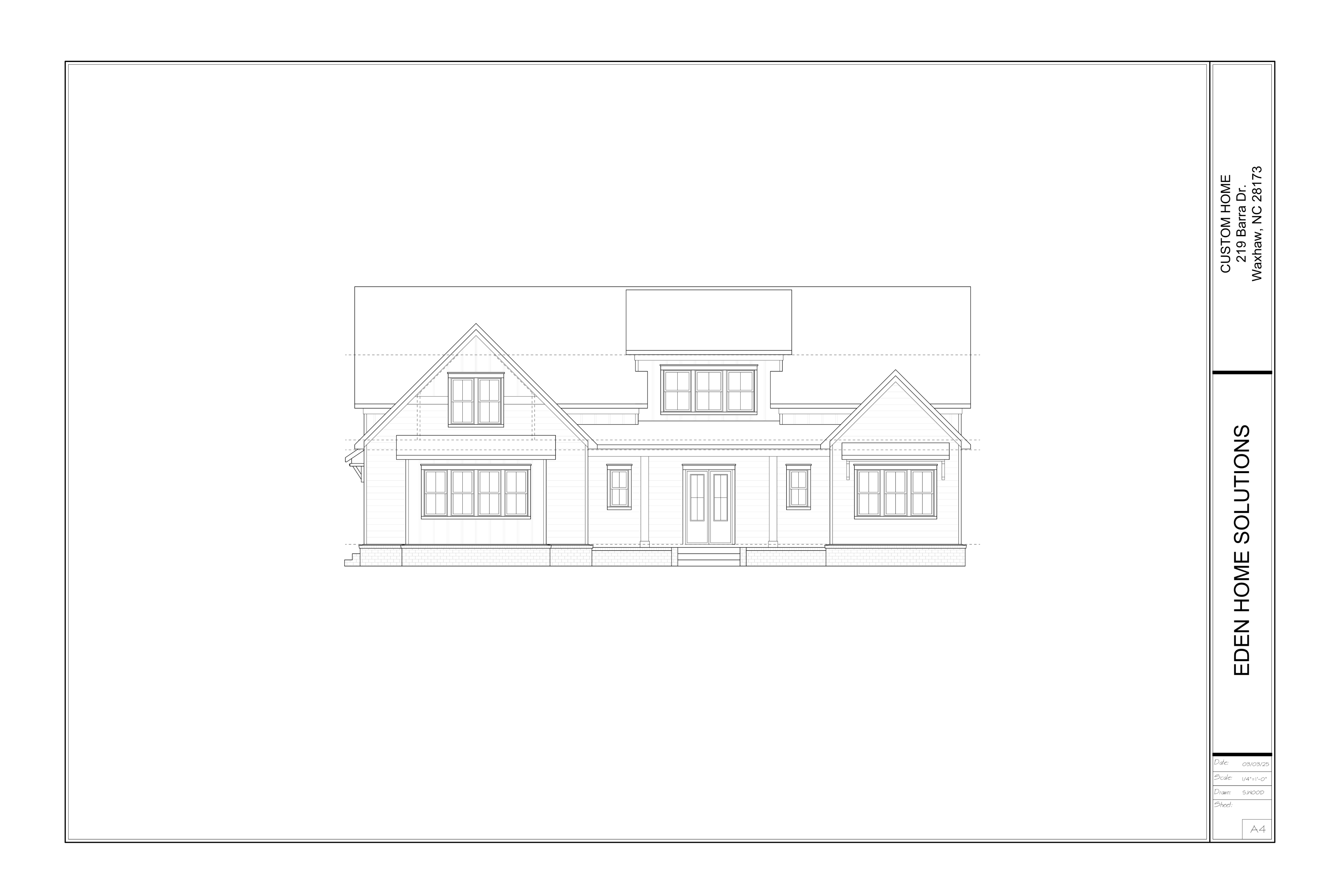 Architectural front elevation drawing of a gabled modern farmhouse with central dormer, covered entry, and brick foundation line.