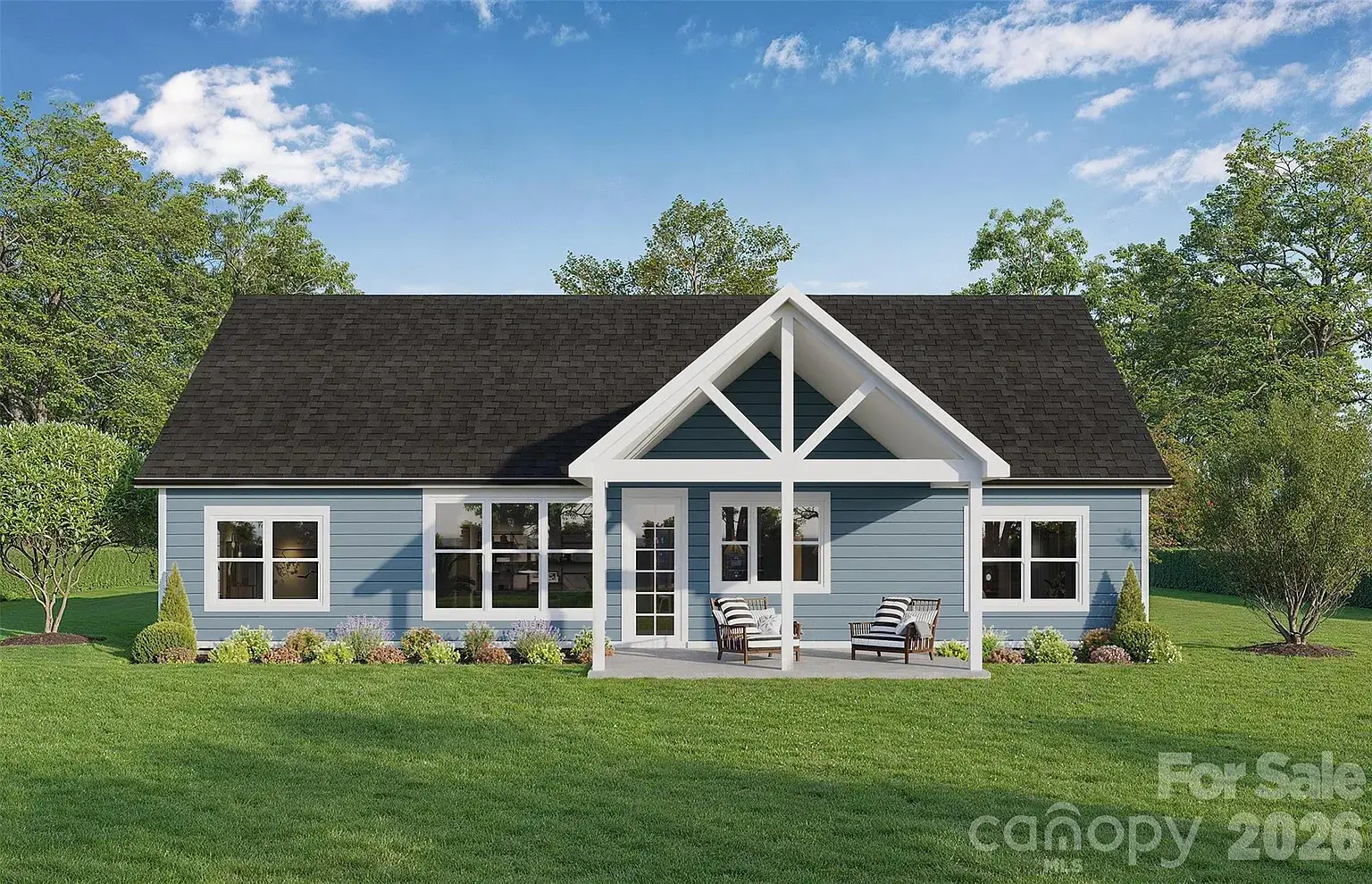 Rear elevation rendering of a Carolina Ranch home with blue siding, covered back porch, large windows, and landscaped backyard.