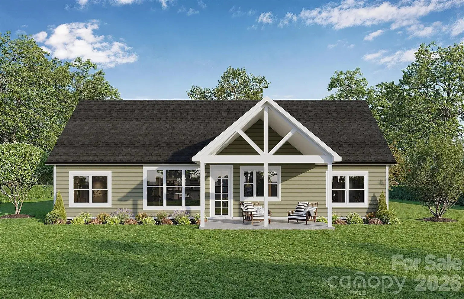 Rear elevation rendering of a Carolina Ranch home with sage green siding, covered back porch, large windows, and landscaped backyard.
