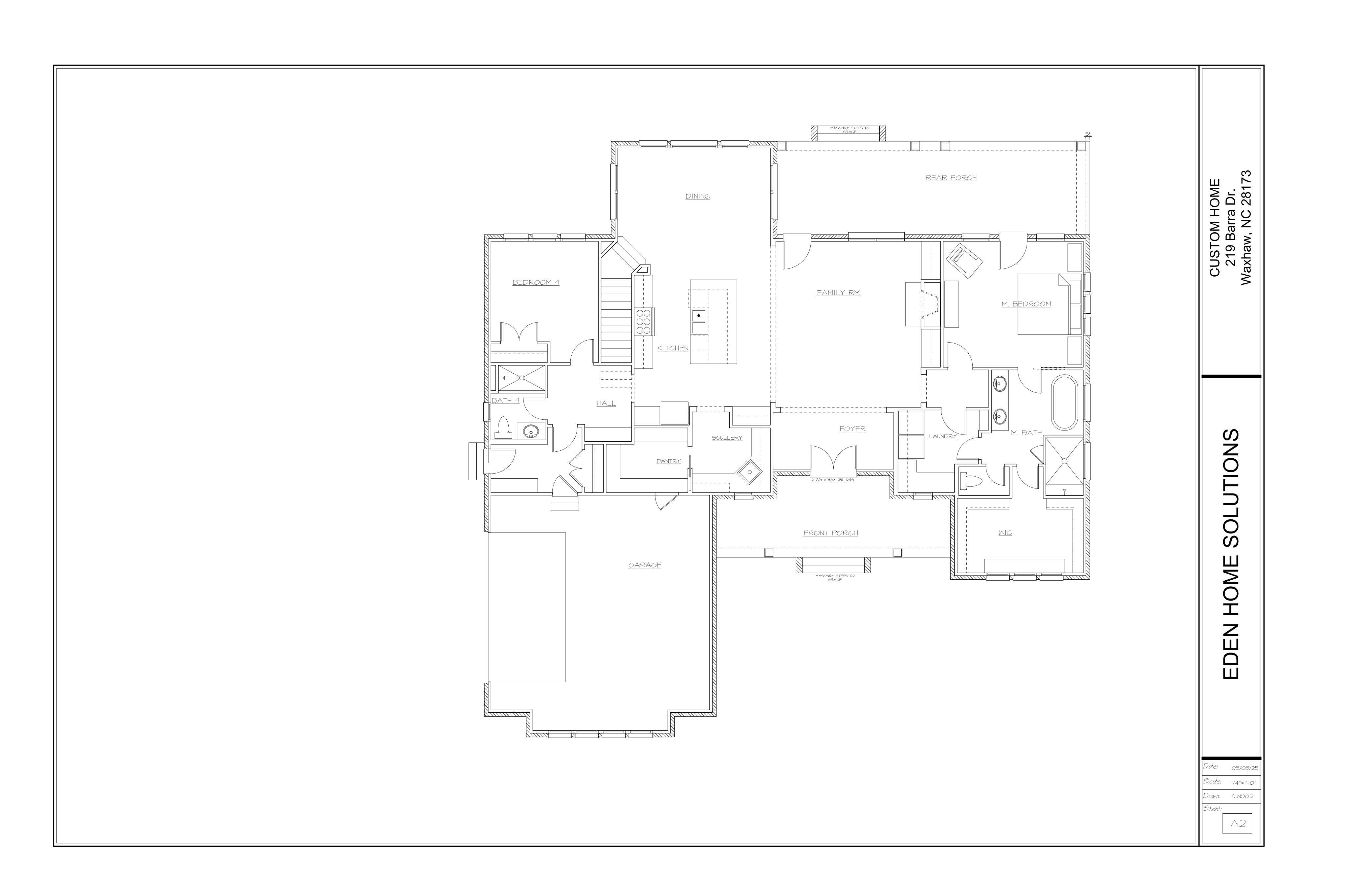 Main level floor plan with open kitchen–family–dining layout, front and rear porches, primary suite, guest bedroom and bath, pantry, laundry, and attached garage.